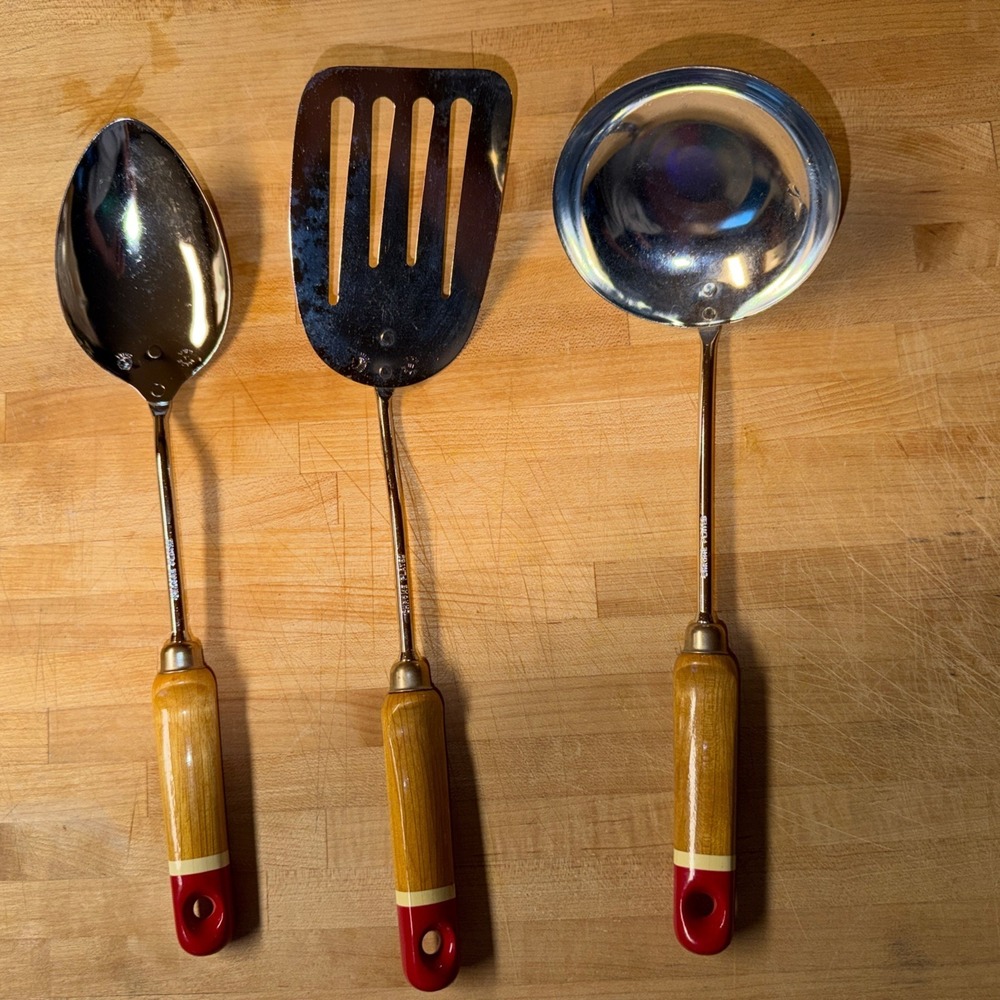 Vintage Ekco Chief Kitchen Utensils Red Wood Handle Stainless Steel. Made In USA